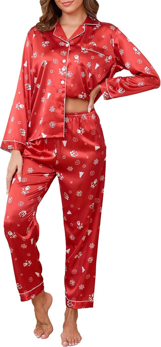 Ensemble pyjama satin femme manches longues boutonnées, rouge à motifs, pantalon long
