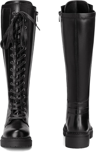 Bottes hautes pour femmes Dream Pairs noires, vue de face et profil, à lacets