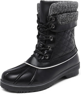 Botte de neige noire à tige matelassée, revers gris tricoté et lacets noirs