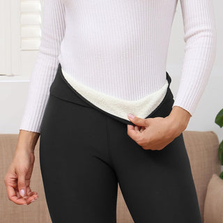 Legging thermique noir à taille haute, doublure polaire blanche révélée à la ceinture