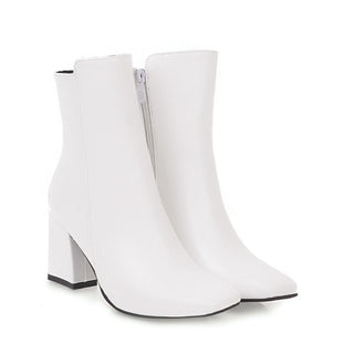 Bottines blanches à talon bloc et bout carré, fermeture éclair latérale