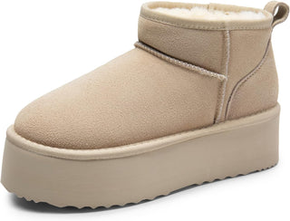 Bottines fourrées à plateforme en daim beige, à enfiler, semelle crantée