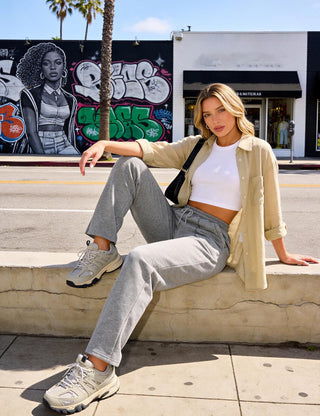 Pantalon de jogging droit femme gris clair, cordon à la taille, poches plaquées