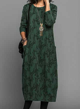 Robe midi manches longues vert foncé à motif feuilles, coupe droite