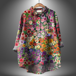 Chemise femme à manches longues boutonnées, motif floral coloré avec poche poitrine.