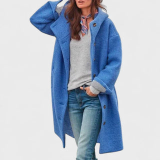 Manteau long en laine à capuche, bleu, fermeture boutonnée, poches latérales