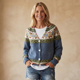 Cardigan rayé bleu à boutons, col en V, poignets et ourlet à rayures multicolores
