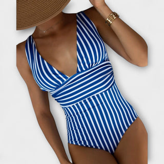 Maillot de bain Aurora bleu à rayures blanches, décolleté plongeant, une pièce