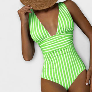 Maillot de bain Aurora vert à rayures blanches, décolleté plongeant, une pièce