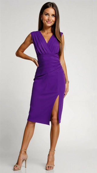 Robe de soirée violette maxi, décolleté V, sans manches, fente au bas