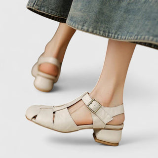 Sandales orthopédiques Aivorah™ crème, bride à boucle, talon bloc en bois