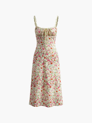 Robe fleurie multicolore à bretelles spaghetti, col froncé, jupe mi-longue