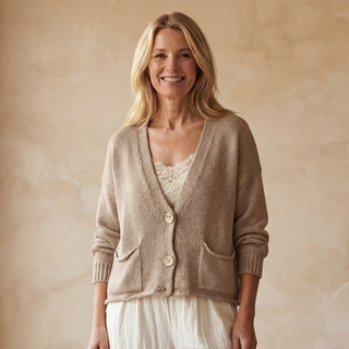 Cardigan bohème kaki, manches raglan, col en V, boutons nacrés