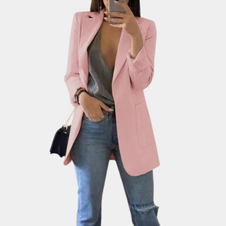 Veste blazer femme rose, col tailleur, manches longues, poches plaquées et fente.