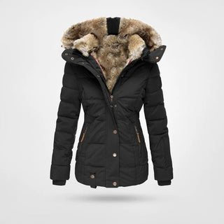 Veste d’hiver matelassée pour femme noire, capuche doublée fausse fourrure.