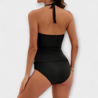 Bikini deux pièces noir au dos : haut noué et bas taille haute