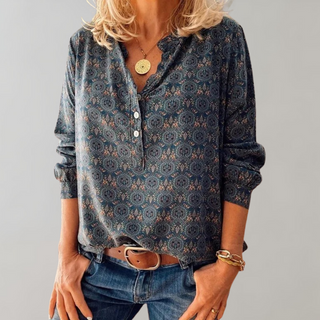 Chemisier Amelia™ à col V, manches longues boutonnées, imprimé boho bleu foncé