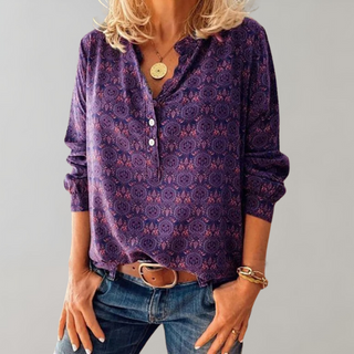 Chemisier Amelia™ à col V, manches longues boutonnées, imprimé boho violet