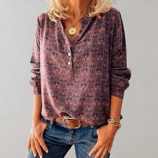 Chemisier Amelia™ à col V, manches longues boutonnées, imprimé boho rouge foncé