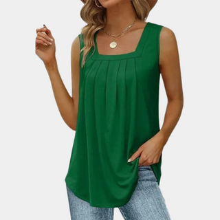 Haut femme sans manches Beatrice™ vert à encolure carrée et empiècements plissés