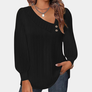 Pull en tricot Judith™ pour femmes noir, encolure en V, boutons décoratifs, manches longues bouffantes.