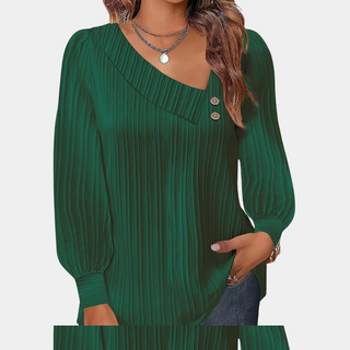 Pull en tricot Judith™ pour femmes vert, encolure en V, boutons décoratifs, manches longues bouffantes.