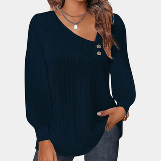 Pull en tricot Judith™ pour femmes bleu foncé, encolure en V, boutons décoratifs, manches longues bouffantes.