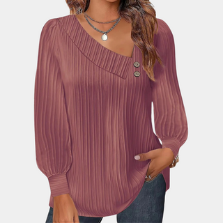 Pull en tricot Judith™ pour femmes rose, encolure en V, boutons décoratifs, manches longues bouffantes.