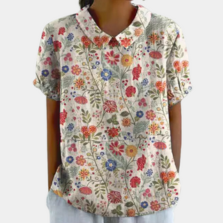 Blouse femme à col Peter Pan, manches courtes, imprimé floral multicolore