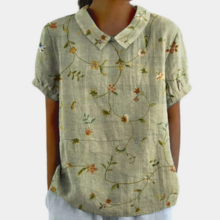 Blouse femme à col Peter Pan, manches courtes, imprimé floral sur fond vert