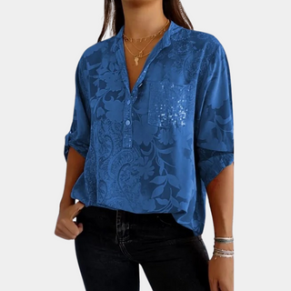 Blouse Esme™ bleue à encolure V, manches retroussées, imprimé floral, poche poitrine