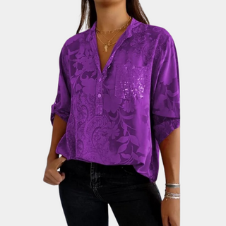 Blouse Esme™ violette à encolure V, manches retroussées, imprimé floral, poche poitrine