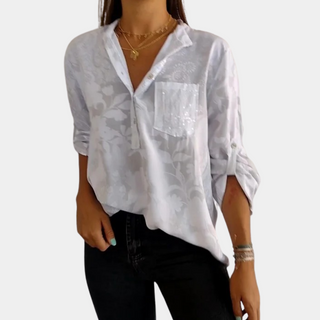Blouse Esme™ blanche à encolure V, manches retroussées, imprimé floral, poche poitrine