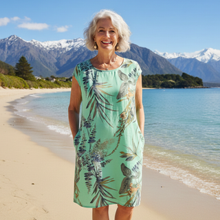Robe Sunniva à motif feuillages sur fond vert clair, encolure ronde et manches courtes