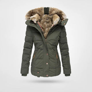Veste matelassée pour femme vert foncé, capuche doublée fausse fourrure.