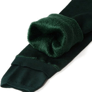 Leggings d’hiver vert foncé femme, doublure polaire épaisse aux chevilles, taille élastique.