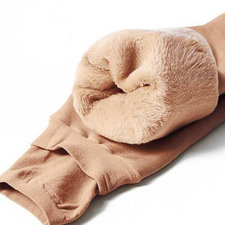 Leggings d’hiver doublés polaire beige, tissu extensible, chevilles côtelées