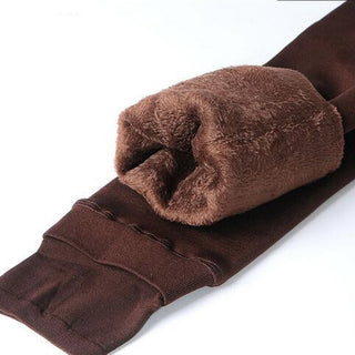 Leggings d’hiver marron femme, doublure polaire moelleuse, tissu près du corps.