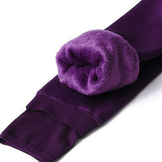 Leggings d’hiver doublés polaire violet, tissu extensible, chevilles côtelées