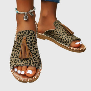 Sandales orthopédiques Lorraine™ à bout ouvert, dessus motif léopard et pompon