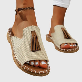 Sandales orthopédiques Lorraine™ à bout ouvert, dessus tissé beige et pompon brun