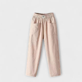 Pantalon en coton et lin beige, taille élastique, poches plaquées.