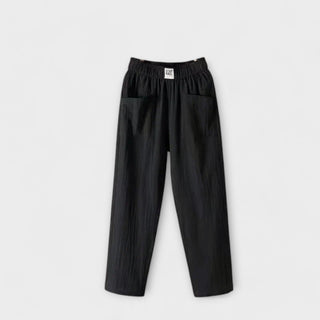 Pantalon en coton et lin noir, taille élastique, poches plaquées.