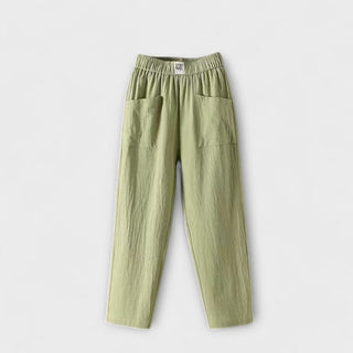 Pantalon en coton et lin vert clair, taille élastique, poches plaquées.