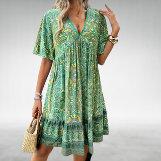 Robe courte bohème à décolleté en V, motif ethnique vert, manches évasées