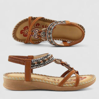 Sandales orthopédiques Maryna™ marron à brides, décor ornemental et semelle nervurée