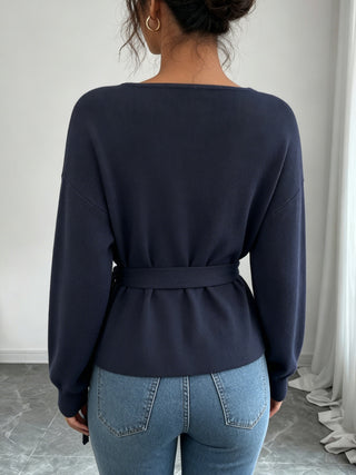 Pull bleu marine en maille à manches longues, nouage ceinturé à la taille au dos