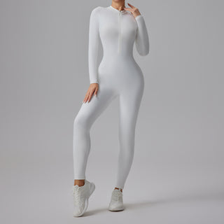 Combinaison de sport blanche moulante à manches longues et demi-zip