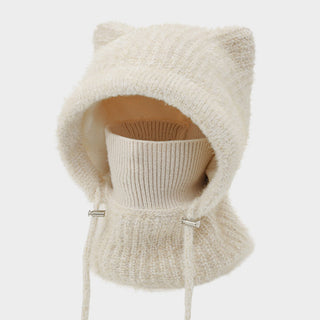 Cagoule en laine ivoire à bonnet oreilles de chat et tour de cou intégré