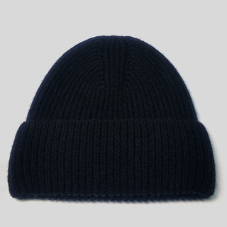 Bonnet docker femme en laine, maille côtelée épaisse bleu foncé, bord côtelé